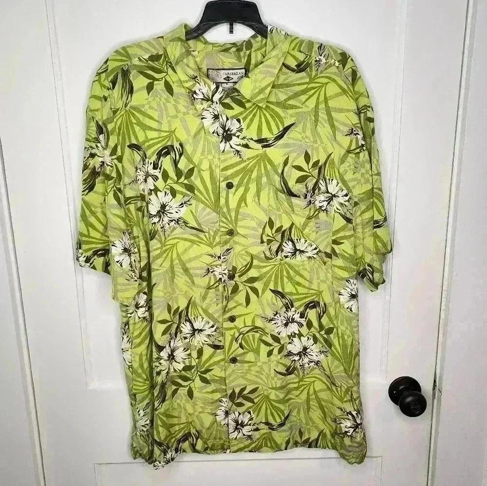 Caribbean Joe Kiwi Green Floral Leaf Hawaiian Cabana Shirt 100% Rayon Size XL